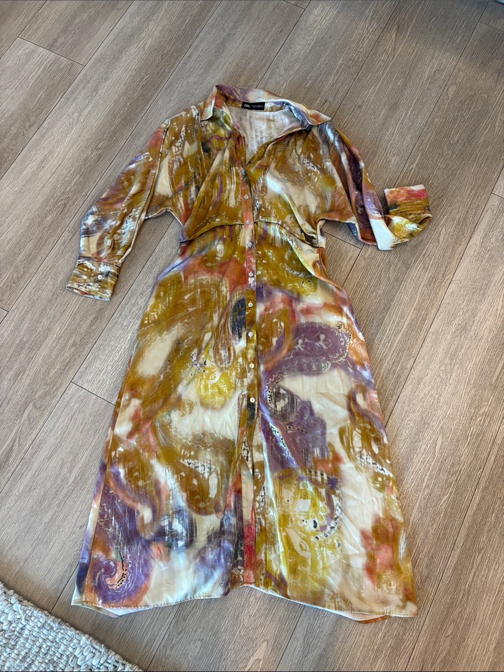 Zara Abstract Watercolor Maxi Shirt Dress - Mustard, Purple & Cream